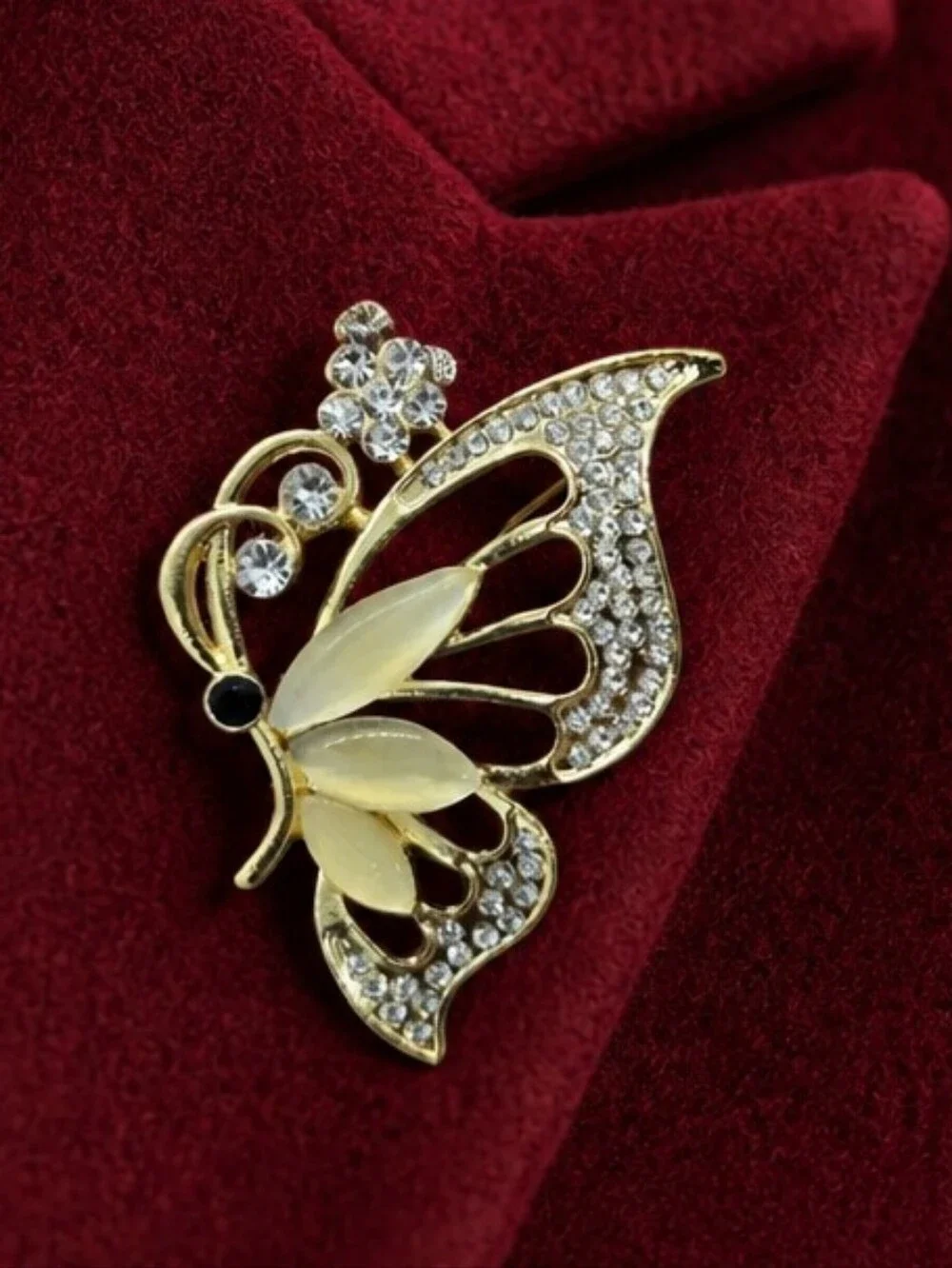 Elegant Gold Butterfly Rhinestone Brooch Pin Large Statement Lapel Accessory
